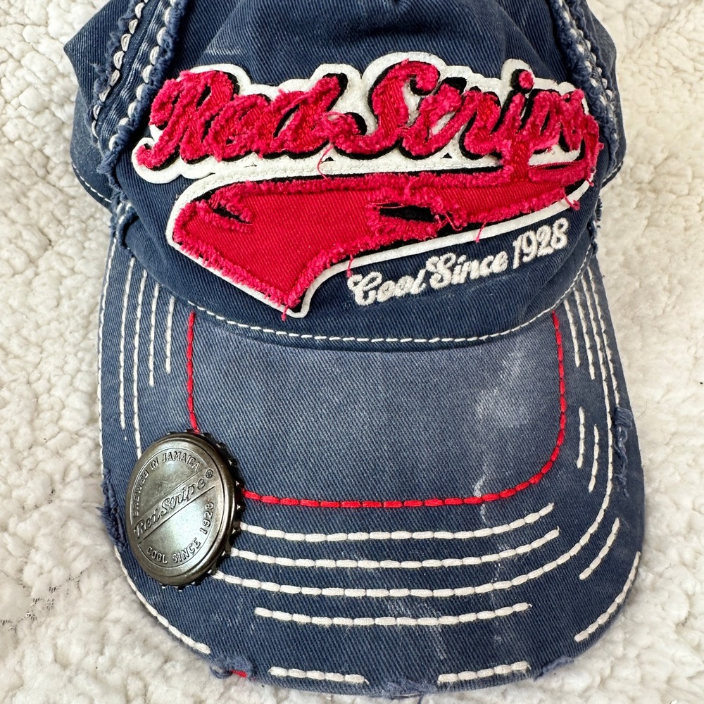 VTG Red Stripe Unisex Hat One Size Blue Distressed Bottle Opener Cap